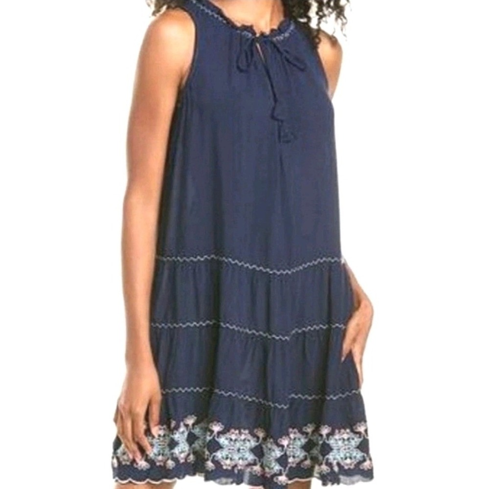 Max Studio Navy Blue Floral Embroidered Dress Scalloped Hem Sz XL Coastal #659